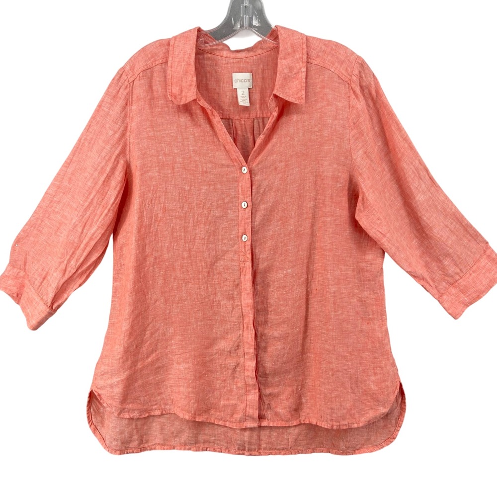 Chico's Shirt Sz 2 L 12 3/4 Sleeve Button-Up Linen Top Coral‎ Costal Grandma